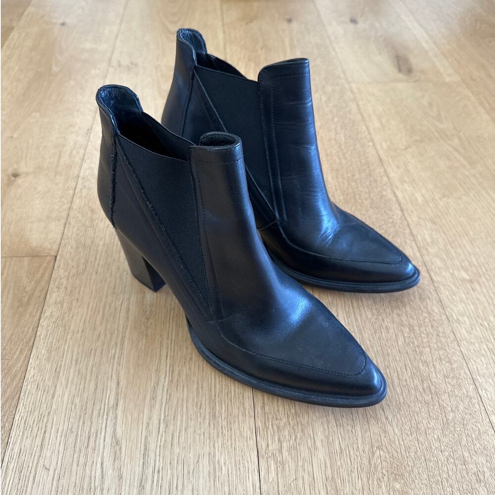Office - Pointed Toe Slip On Leather Ankle Boots in Black
